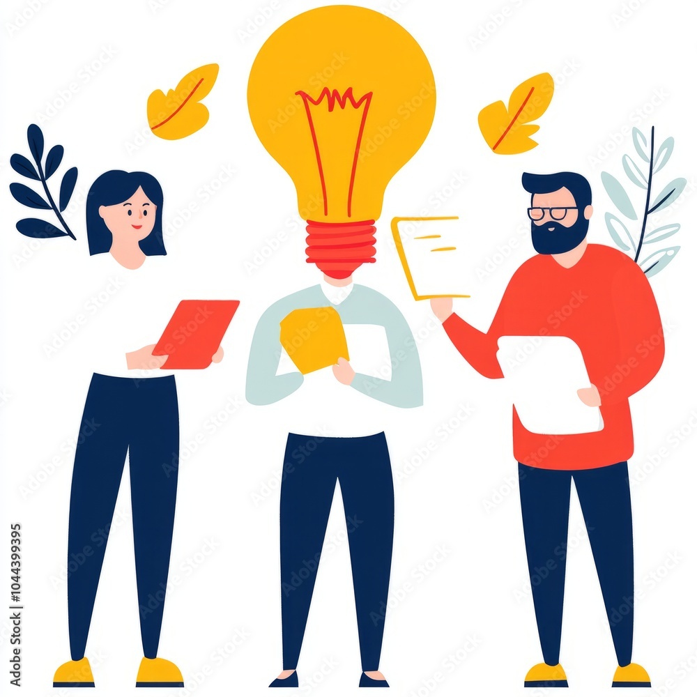Three people brainstorming with a lightbulb symbolizing ideas. Three people brainstorming with a lightbulb symbolizing ideas.
