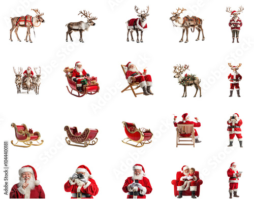 Collection of Reindeer in harness full length and Santa clause isolate on transparent background photo