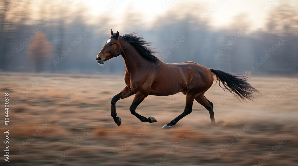 Majestic brown horse galloping gracefully across a misty field at dusk. Majestic brown horse galloping gracefully across a misty field at dusk.