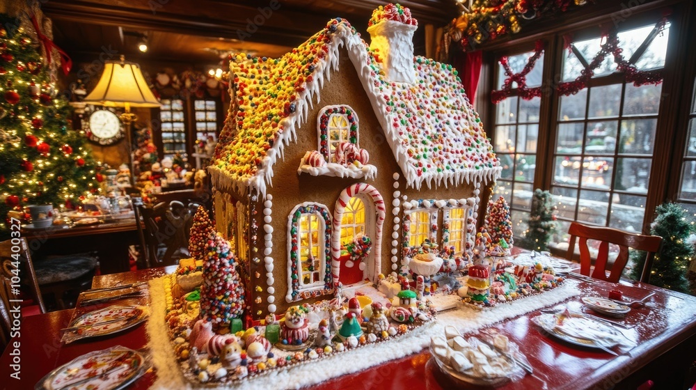 Fototapeta premium A festive gingerbread house decorated with colorful icing and candy, set on a holiday-themed table.