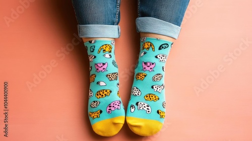 Quirky animal print socks on feet, vibrant and playful design for National Sock Day photo