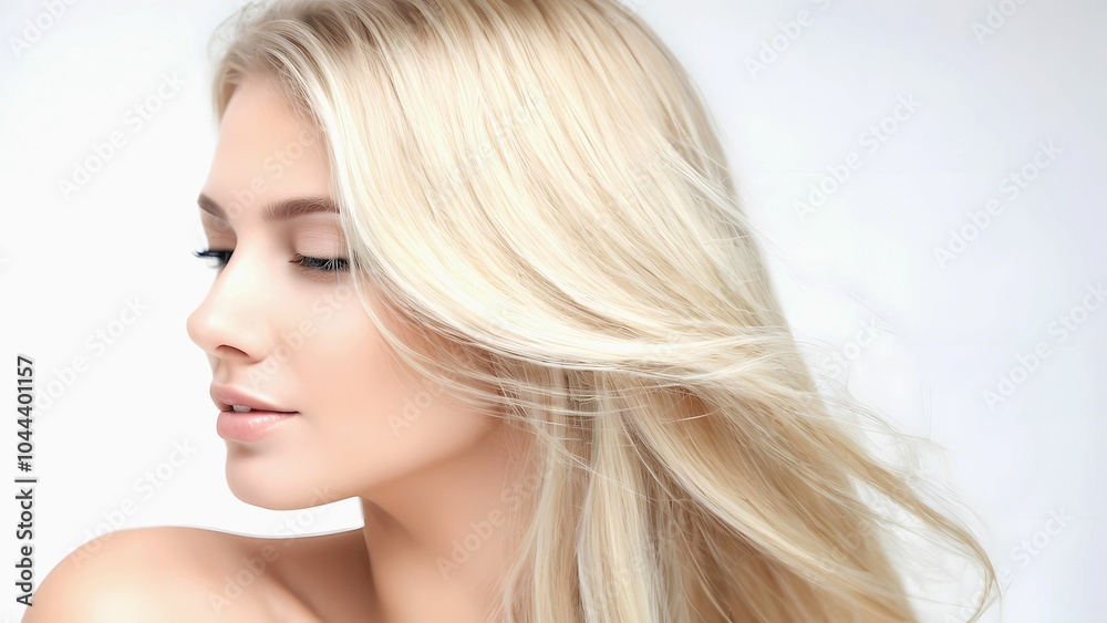 Close-up of gorgeous pretty beautiful young woman with blonde hair and professional make-up style in studio, on white background Close-up of gorgeous pretty beautiful young woman with blonde hair and professional make-up style in studio, on white background