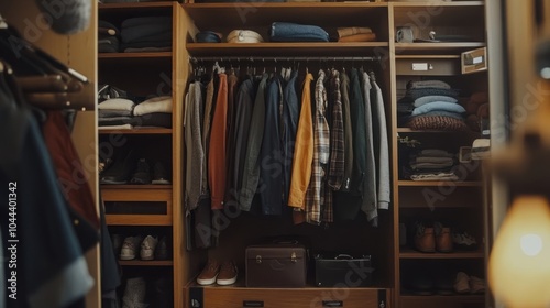 A well-organized closet featuring clothes, shoes, and accessories for daily use.