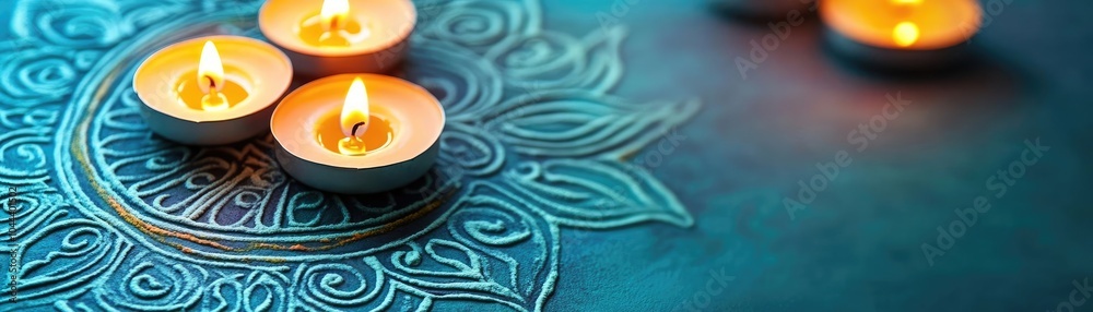 Close-up of intricate rangoli patterns with glowing candles, artistic Festival of Lights Close-up of intricate rangoli patterns with glowing candles, artistic Festival of Lights