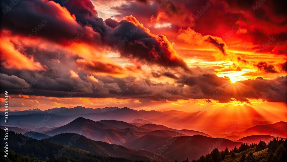 Red sunset shining through mountains and dark clouds Red sunset shining through mountains and dark clouds