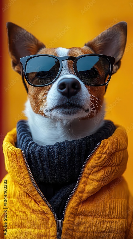 cool dog wearing sunglasses set against a vibrant background designed for a promotional banner featuring playful typography and ample copy space for captions or messages cool dog wearing sunglasses set against a vibrant background designed for a promotional banner featuring playful typography and ample copy space for captions or messages