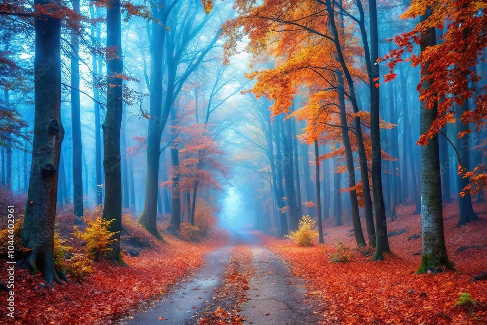 Serene forest path in blue mist with autumn leaves Serene forest path in blue mist with autumn leaves