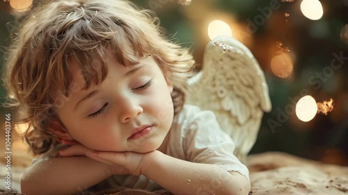 A small sleeping child with angel wings.