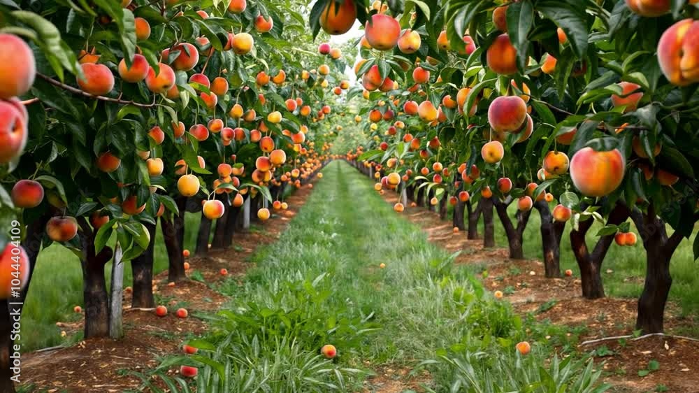 This Rows of peach trees carry an abundance of ripe peaches ready for picking in summer.