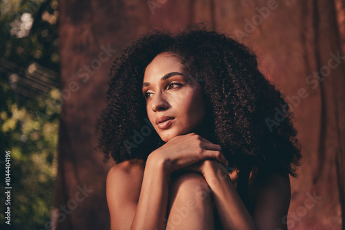 Portrait of charming gentle tender lady wear lingerie sensual photo session outside isolated on brown textile background photo