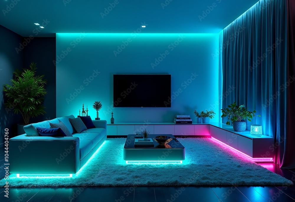 Modern Living Room Design: Shimmering Walls with Phosphorescent Accents, Neon Glowing Furniture, and Ambient Lighting for a Cozy Atmosphere Modern Living Room Design: Shimmering Walls with Phosphorescent Accents, Neon Glowing Furniture, and Ambient Lighting for a Cozy Atmosphere