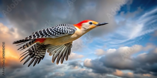 Red-bellied Woodpecker flying against cloudy sky photo