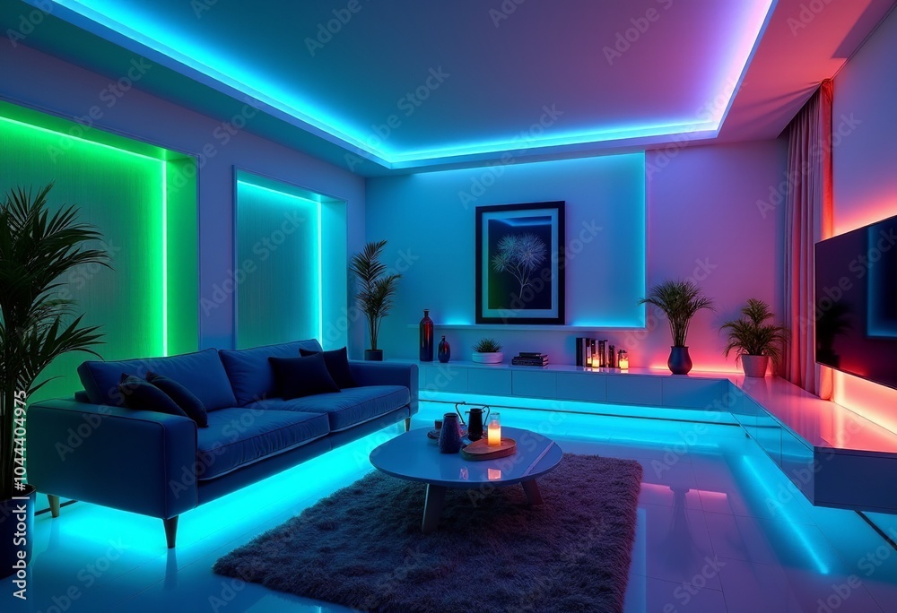 Futuristic Cozy Living Room: Softly Lit Walls with Phosphorescent Glow, Neon Blue and Green Furniture Edges, and Ambient Light for a Modern Sanctuary Futuristic Cozy Living Room: Softly Lit Walls with Phosphorescent Glow, Neon Blue and Green Furniture Edges, and Ambient Light for a Modern Sanctuary