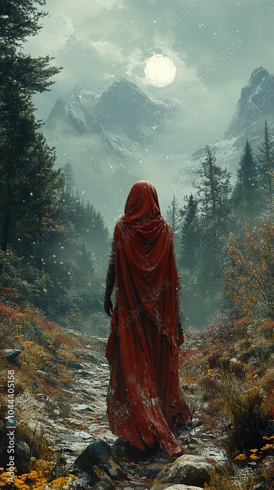 Enchanted Forest Path: A Woman in Red Walks Towards the Moonlit Mountains Enchanted Forest Path: A Woman in Red Walks Towards the Moonlit Mountains