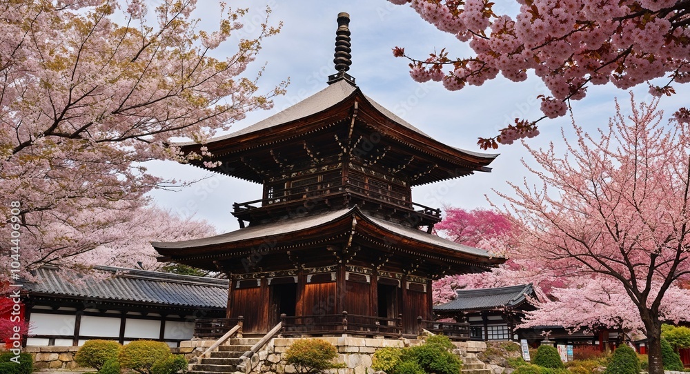 Ancient wooden pagoda standing tall amidst cherry blossoms background architectural marvel framed by vibrant flora embodying cultural significance Ancient wooden pagoda standing tall amidst cherry blossoms background architectural marvel framed by vibrant flora embodying cultural significance