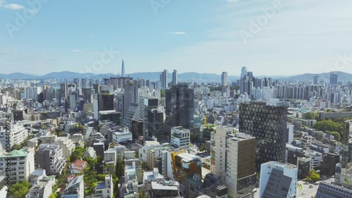 Drone View of Seoul city in South Korea, Apgujeong Rodeo, Summer 60fps photo