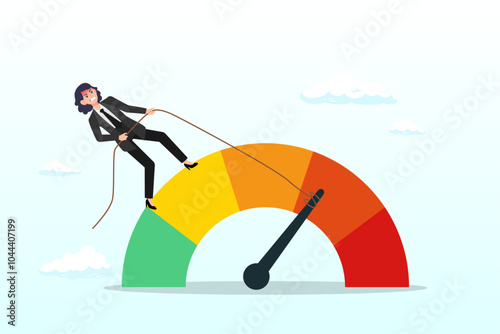 Reduce risk level or decrease stress anxiety meter, lower danger indicator or scale, reduce from red alert meter to be green chart concept, businesswoman pull meter to reduce risk or stress level