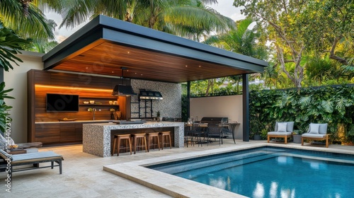 Wallpaper Mural Modern outdoor kitchen and pool area surrounded by lush greenery. Torontodigital.ca