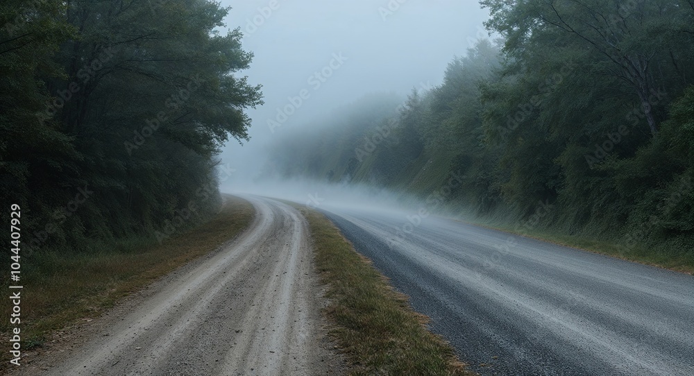 Fototapeta premium Fog creeping along an unpaved road bordered by dense foliage background mysterious scene inviting intrigue and exploration into the unknown