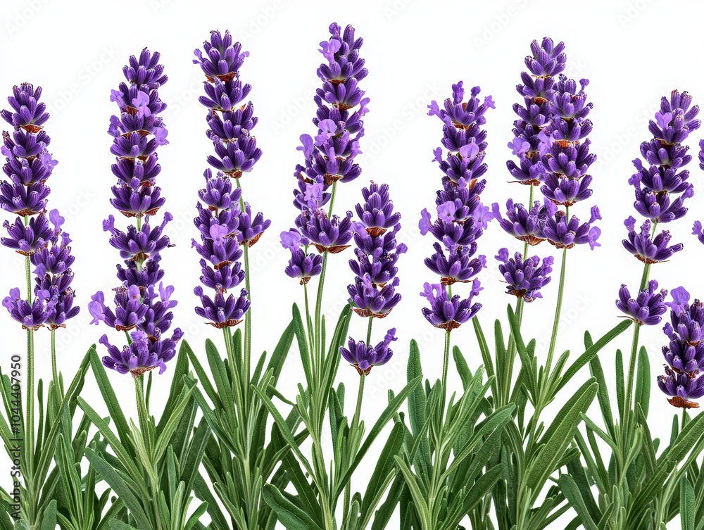 Fototapeta premium Lavender flowers in full bloom create stunning display of vibrant purple hues, surrounded by lush green leaves, evoking sense of tranquility and beauty