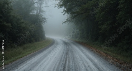 Fog creeping along an unpaved road bordered by dense foliage background mysterious scene inviting intrigue and exploration into the unknown