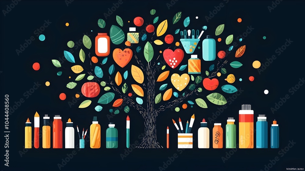 Obraz premium Tree Turning into Various Art Supplies Creative Growth and Expression Concept Flat Design on White Background