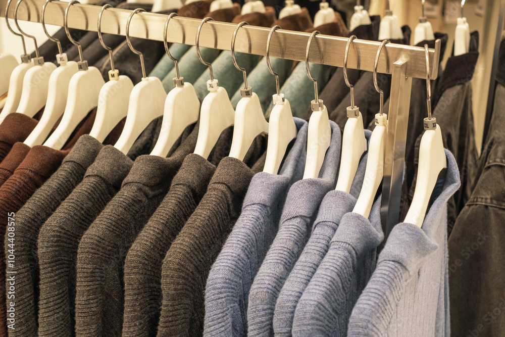 Obraz premium Warm knitted sweaters hang on white hangers in clothing store.