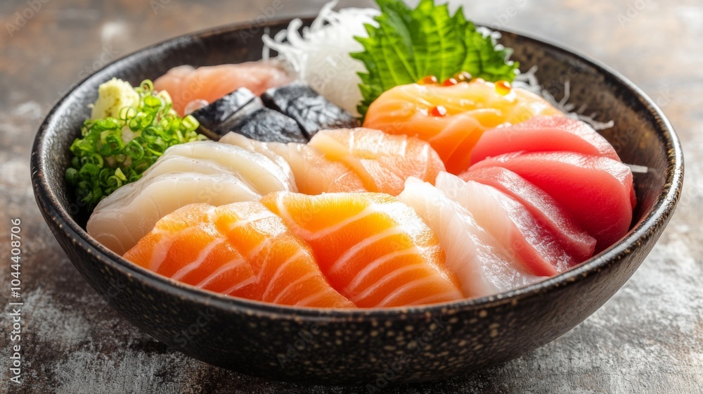 Fresh Sashimi Selection with Garnishes on Minimalist Background Fresh Sashimi Selection with Garnishes on Minimalist Background