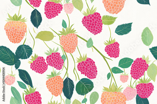 seamless repetitive pattern of ripe raspberries with green leaves on natural linen background