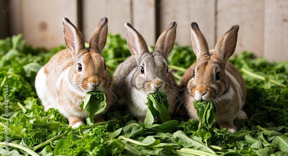 Obraz premium Rabbits munching on fresh greens in a pen background adorable bunnies enjoying a healthy diet promoting wholesome farm practices