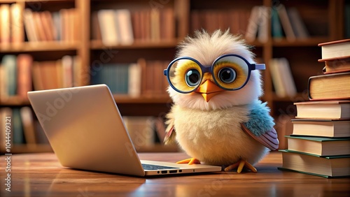 A charming fluffy bird with glasses focuses on learning at a laptop, surrounded by vibrant books and scattered notebooks, radiating cuteness and curiosity.