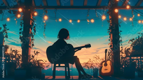 anime style lofi, girl silhouette holding a guitar, with sunset scenery and falling star loop animation music background
