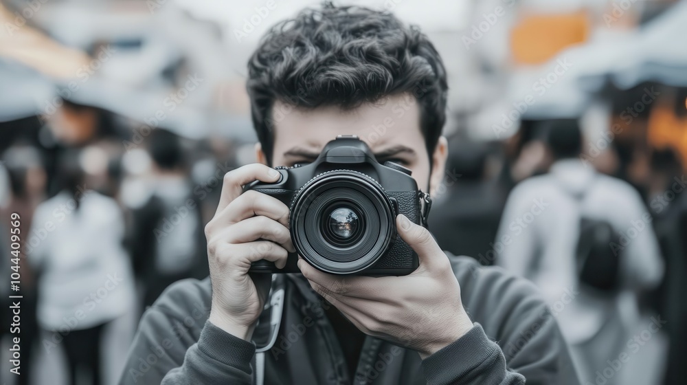 A photographer snapping pictures in the middle of a bustling marketplace, with a look of concentration A photographer snapping pictures in the middle of a bustling marketplace, with a look of concentration