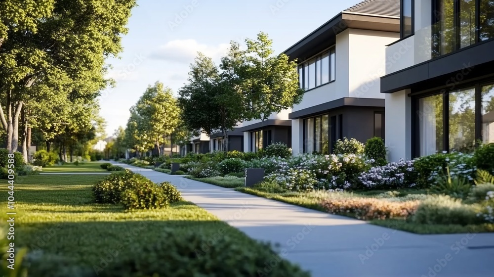 Modern, minimalist homes with lush landscaping and a paved pathway. Modern, minimalist homes with lush landscaping and a paved pathway.