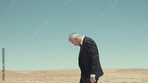 Lost in the Desert: A solitary businessman walks through a desolate, sun-baked desert, his suit a stark contrast to the barren landscape, capturing a sense of isolation and introspection.   photo