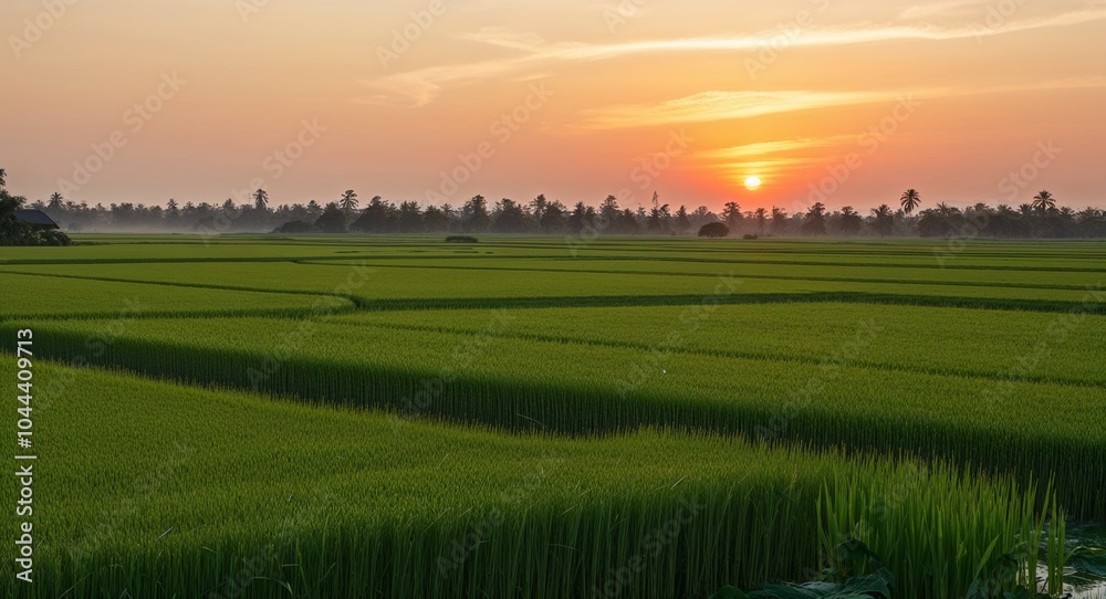 Sunset casting warm hues over a rice field ready for harvest background beautiful landscape embodying the connection between agriculture and nature Sunset casting warm hues over a rice field ready for harvest background beautiful landscape embodying the connection between agriculture and nature