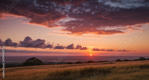 Sunset casting warm hues over the horizon with scattered clouds background picturesque scene inviting admiration of nature colorful displays