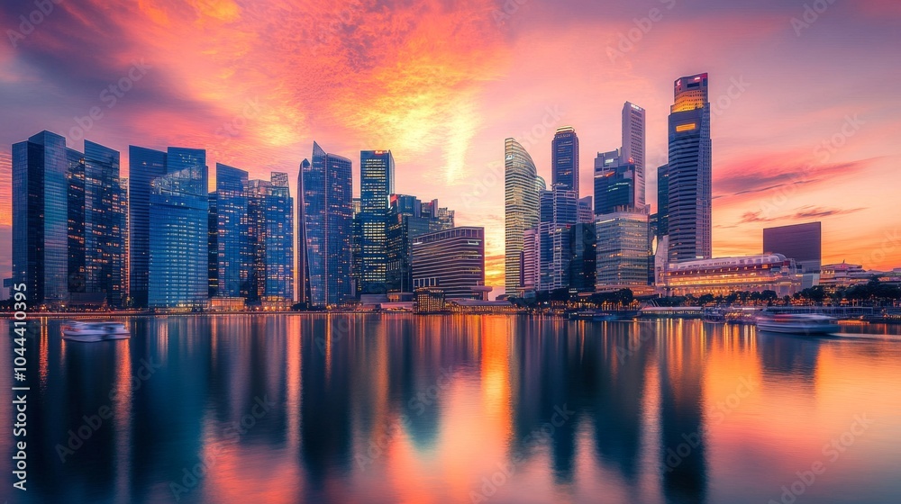 Fototapeta premium illustration of a modern city surrounded by water with a beautiful sunset