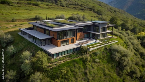 Modern Luxury Home with Pool on Hillside in Green Forest