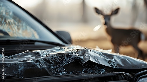 Closeup view of a vehicle s crumpled hood and shattered windshield following a collision with a deer on a rural road  The deer is visible in the background