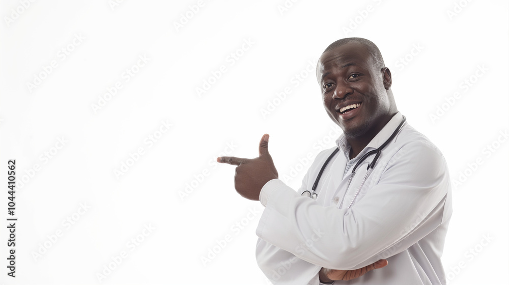 Black male doctor in white coat and stethoscope, smiling and pointing. Copy space. Black male doctor in white coat and stethoscope, smiling and pointing. Copy space.