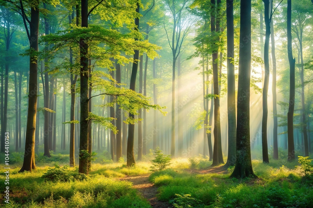 Serene forest with misty trees in morning light