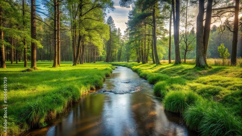 Serene forest stream with trees and grass Serene forest stream with trees and grass