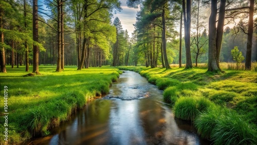 Serene forest stream with trees and grass