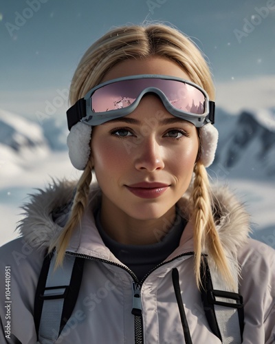 Portrait of Young Woman Wearing Ski Goggles in Snowy Mountains