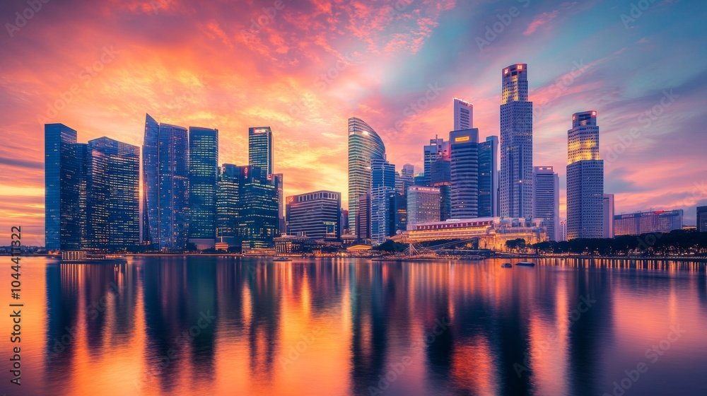 Obraz premium illustration of a modern city surrounded by water with a beautiful sunset