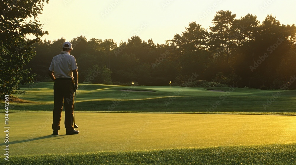 Obraz premium Male golfer in golf attire on green (golf course, institution, member)