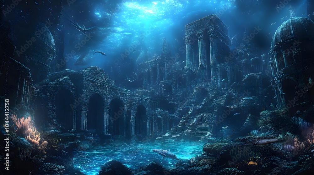 An ancient city submerged in a mystical ocean covered in bioluminescent coral with fantastical sea creatures swimming among the ruins An ancient city submerged in a mystical ocean covered in bioluminescent coral with fantastical sea creatures swimming among the ruins