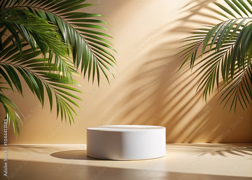 A stylish minimalistic white product podium sits surrounded by palm leaves and their shadows on a warm beige wall, offering a tranquil, aesthetic presentation. A stylish minimalistic white product podium sits surrounded by palm leaves and their shadows on a warm beige wall, offering a tranquil, aesthetic presentation.