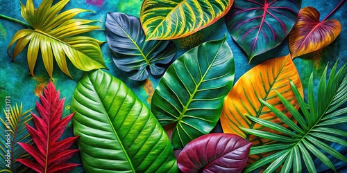 A stunning array of tropical foliage set on a colorful textured background, ideal for nature-inspired designs and celebrating the allure of lush environments.